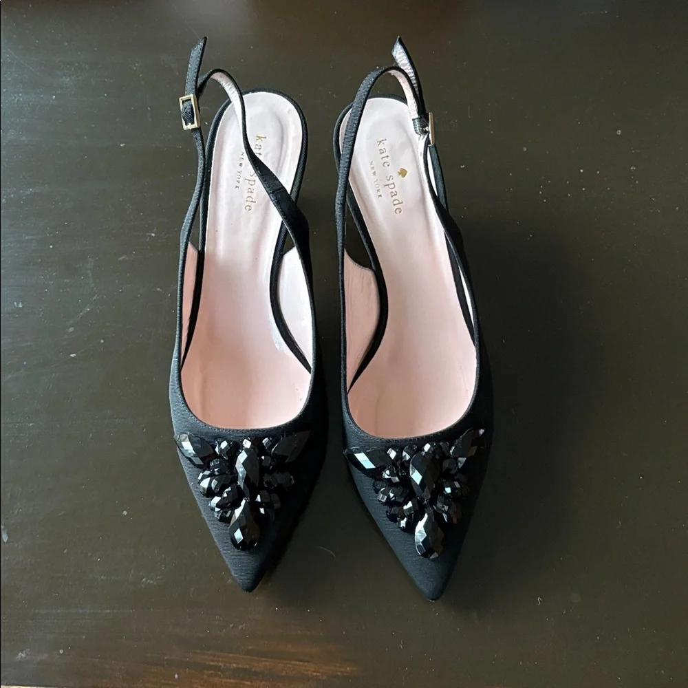 Kate Spade New York Black Grosgrain Beaded Sling Back Pumps - Picture 3 of 11